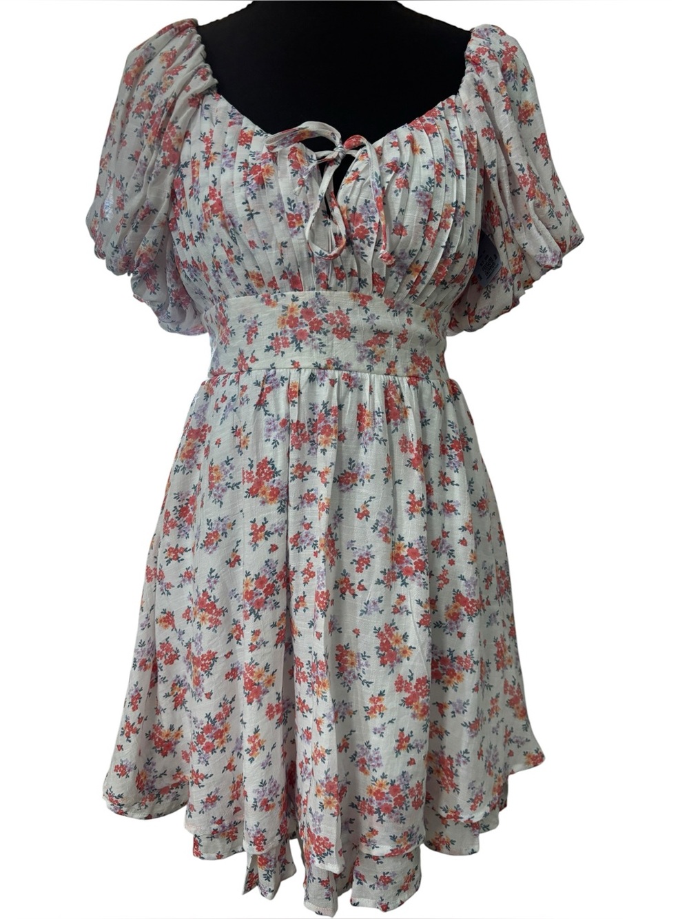 Floral Mini Dress Smocked Puff Sleeve Coquette Romantic Cottagecore Sz M